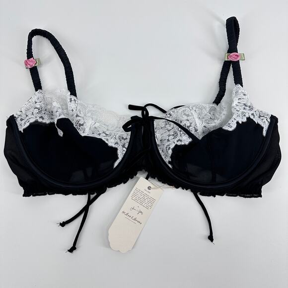 For Love & Lemons Maeve Underwire Bra Black White Lace Rosettes Womens NEW 36DD - Picture 9 of 11